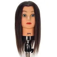 A mannequin head with long straight dark brown hair, mounted on a black stand against a plain white background.