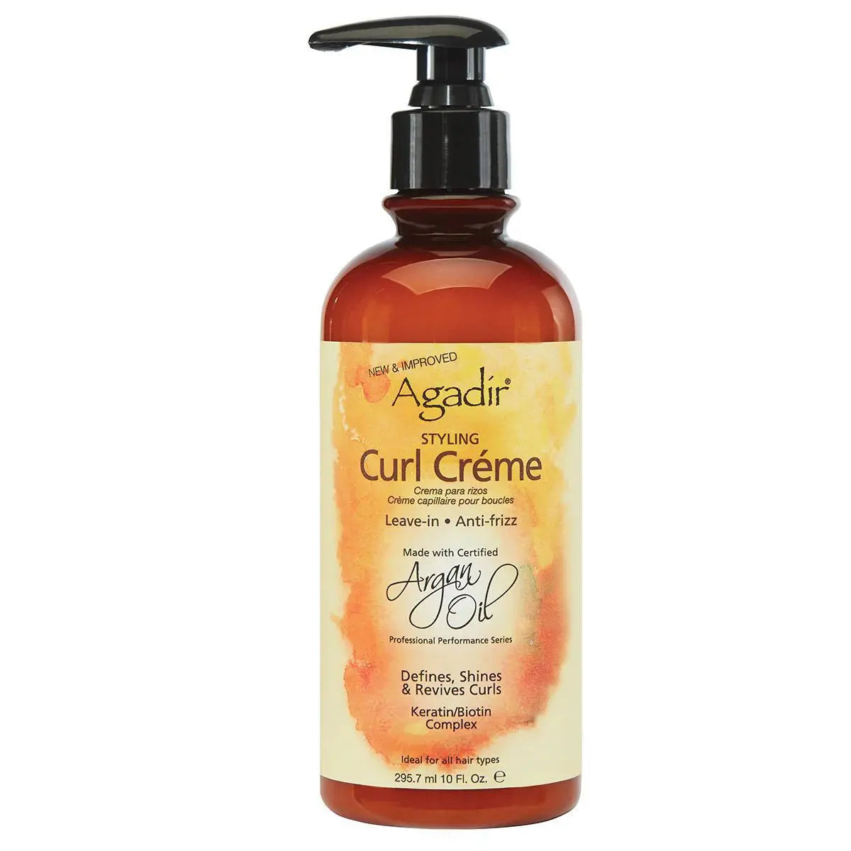 A bottle of Agadir Curl Crème leave-in hair conditioner with a black pump dispenser and a yellow-orange label, shown on a plain white background.