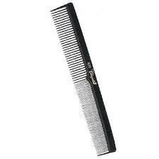 A black plastic straight comb with fine teeth, shown diagonally on a plain white background.
