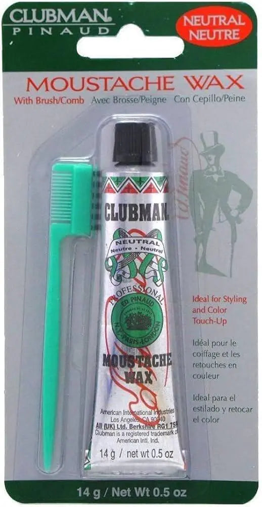 Clubman Pinaud moustache wax with brush and comb packaging on a white background