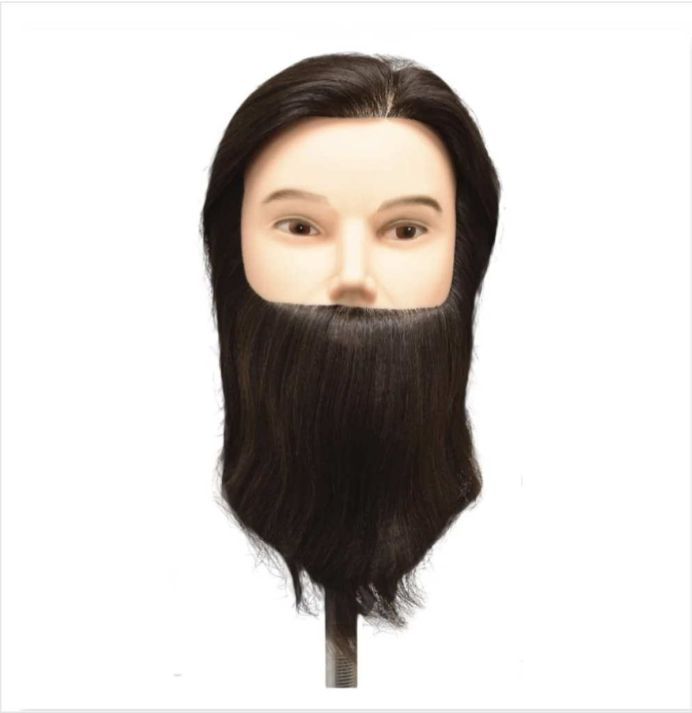 A long, dark brown wig with a full beard and medium-length hair displayed on a mannequin head against a plain white background.